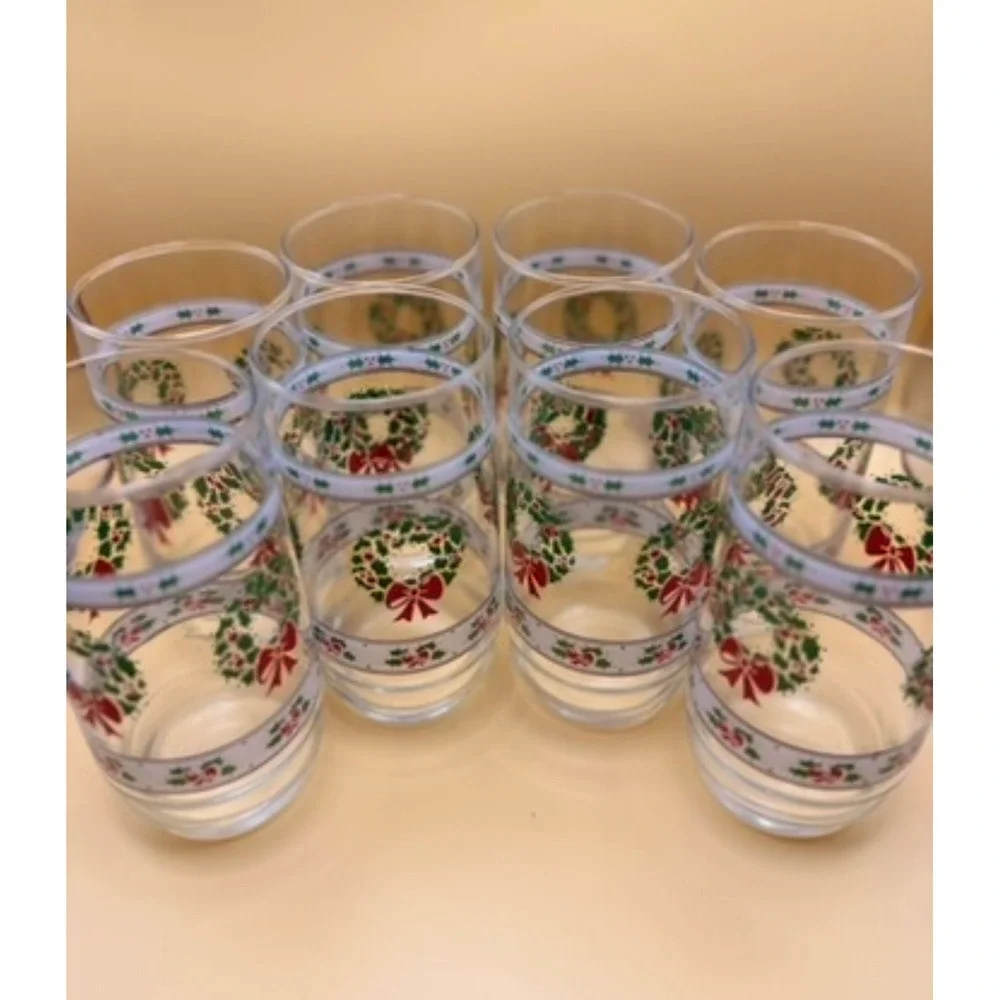 Vintage Christmas Holly Wreath Highball Glasses Set of 8 Red Bow Holiday Barware